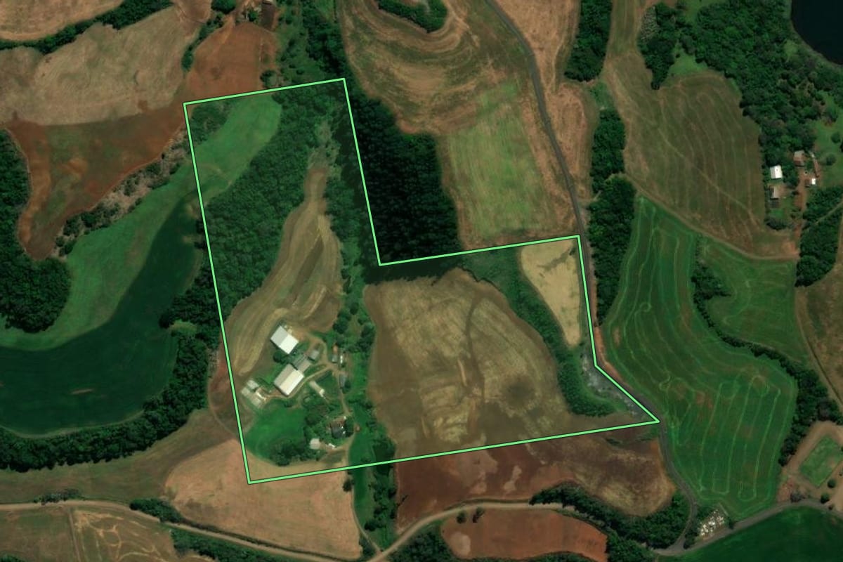 Imagem de satélite do imóvel rural em Saudade do Iguaçu (PR), com o contorno declarado no CAR desenhado por cima.