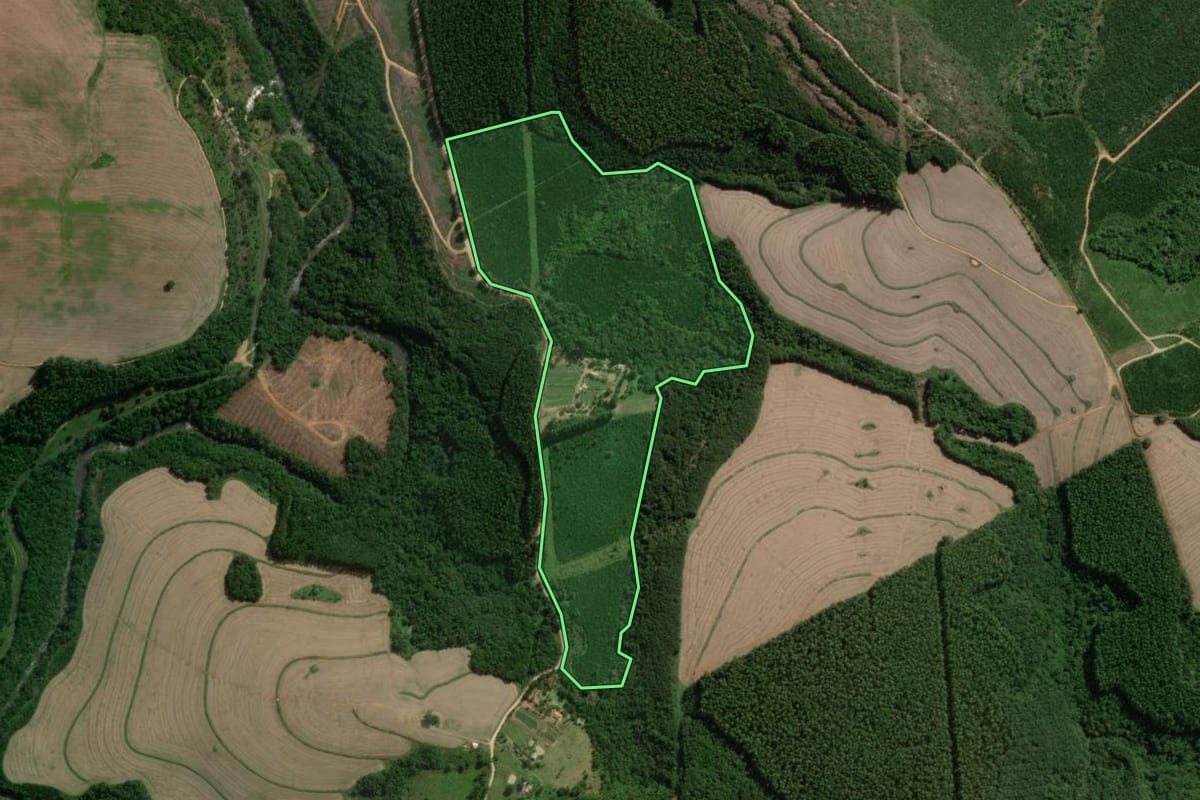 Imagem de satélite do imóvel rural em Sengés (PR), com o contorno declarado no CAR desenhado por cima.