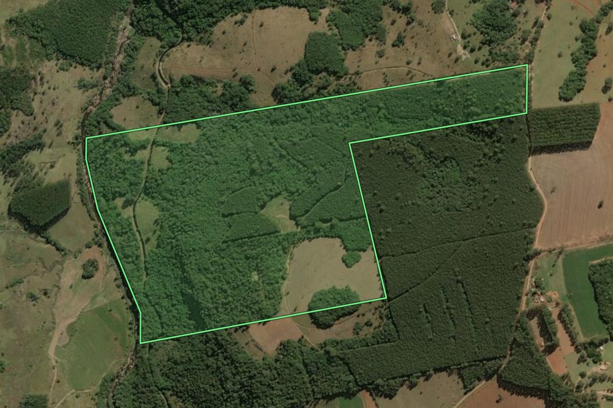 Imagem de satélite do imóvel rural em Sengés (PR), com o contorno declarado no CAR desenhado por cima.