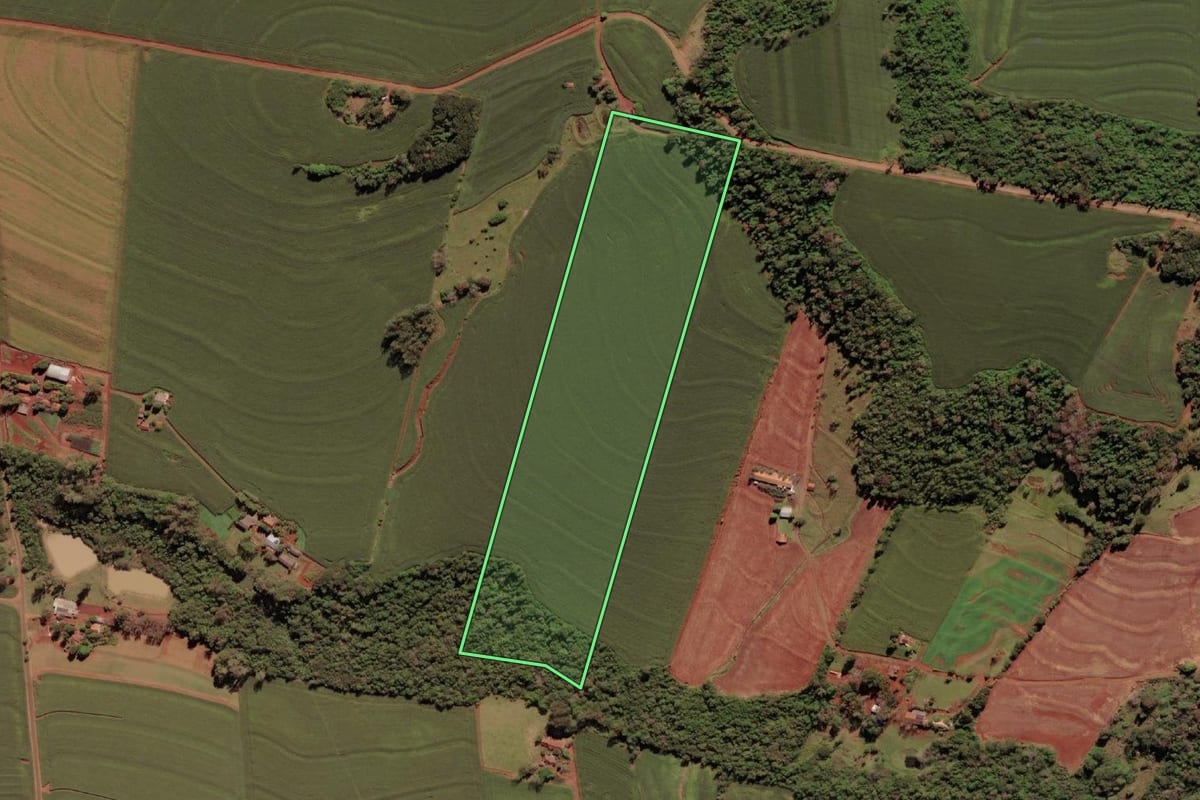Imagem de satélite do imóvel rural em Serranópolis do Iguaçu (PR), com o contorno declarado no CAR desenhado por cima.