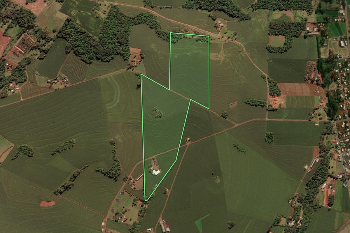 Imagem de satélite do imóvel rural em Serranópolis do Iguaçu (PR), com o contorno declarado no CAR desenhado por cima.