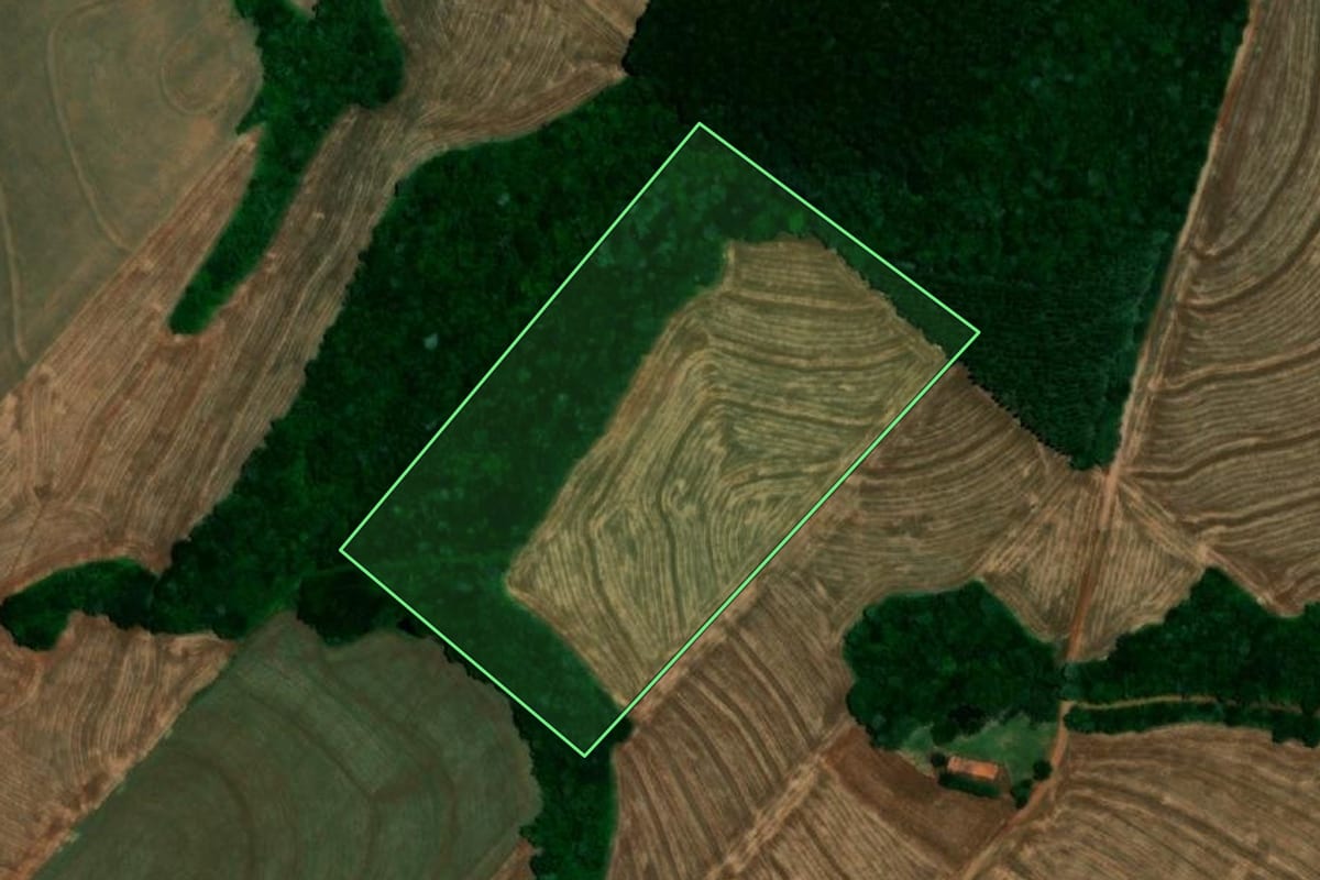 Imagem de satélite do imóvel rural em Serranópolis do Iguaçu (PR), com o contorno declarado no CAR desenhado por cima.