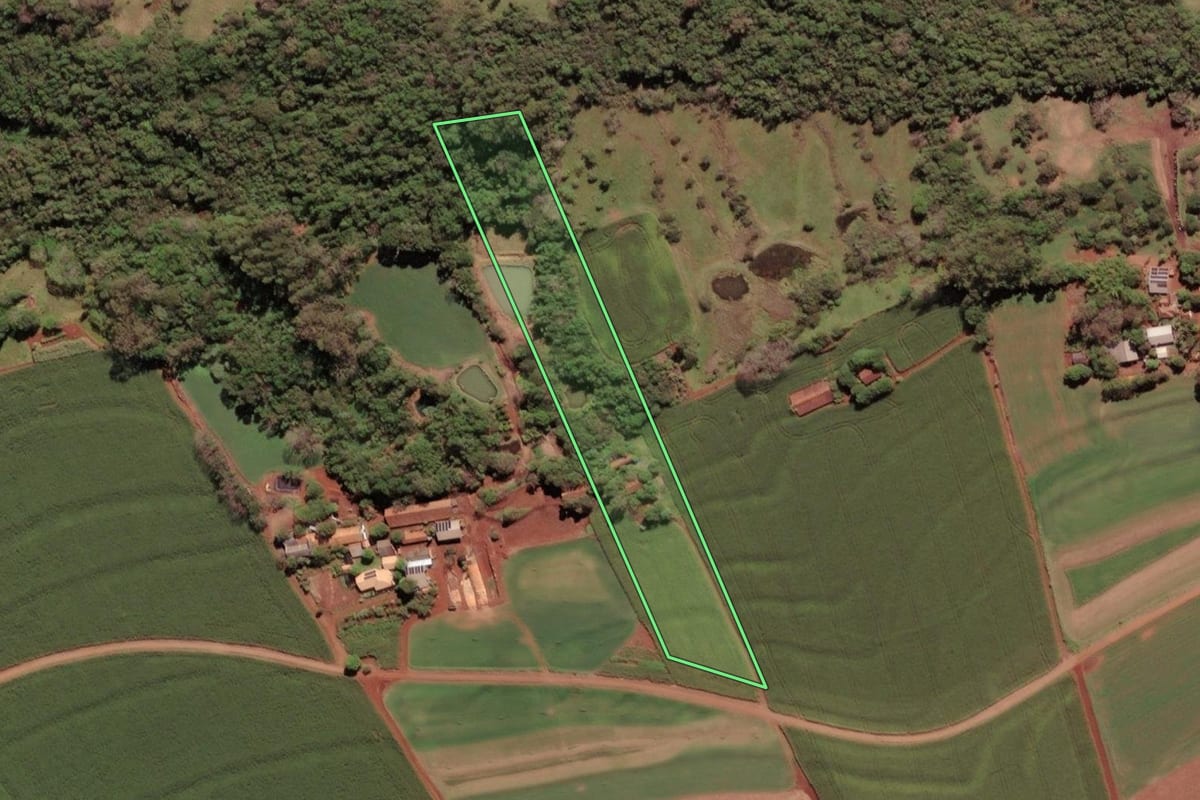 Imagem de satélite do imóvel rural em Serranópolis do Iguaçu (PR), com o contorno declarado no CAR desenhado por cima.