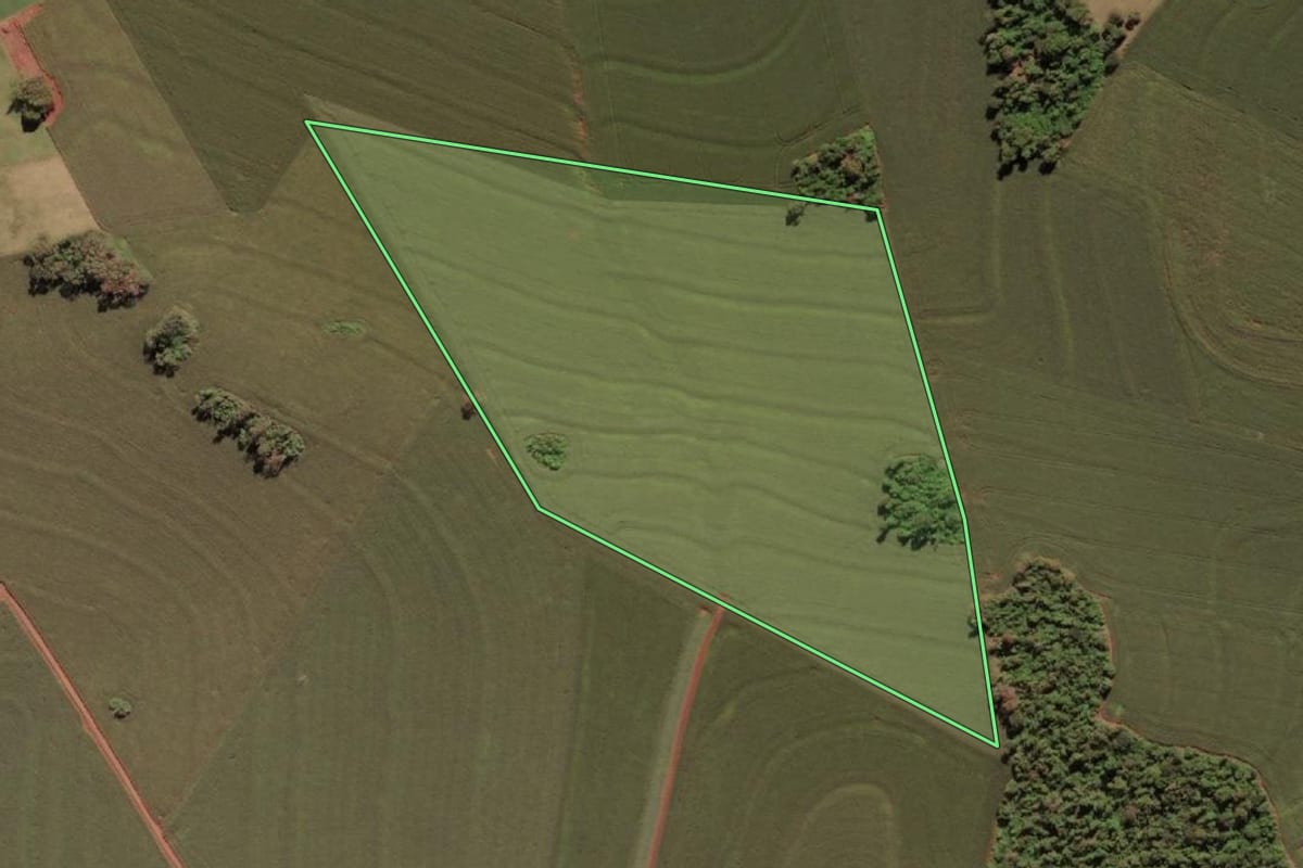 Imagem de satélite do imóvel rural em Serranópolis do Iguaçu (PR), com o contorno declarado no CAR desenhado por cima.