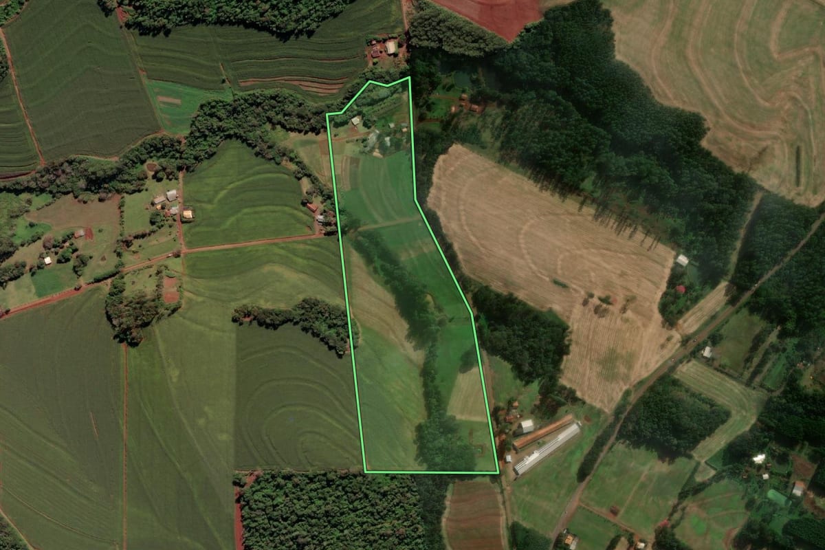 Imagem de satélite do imóvel rural em Serranópolis do Iguaçu (PR), com o contorno declarado no CAR desenhado por cima.