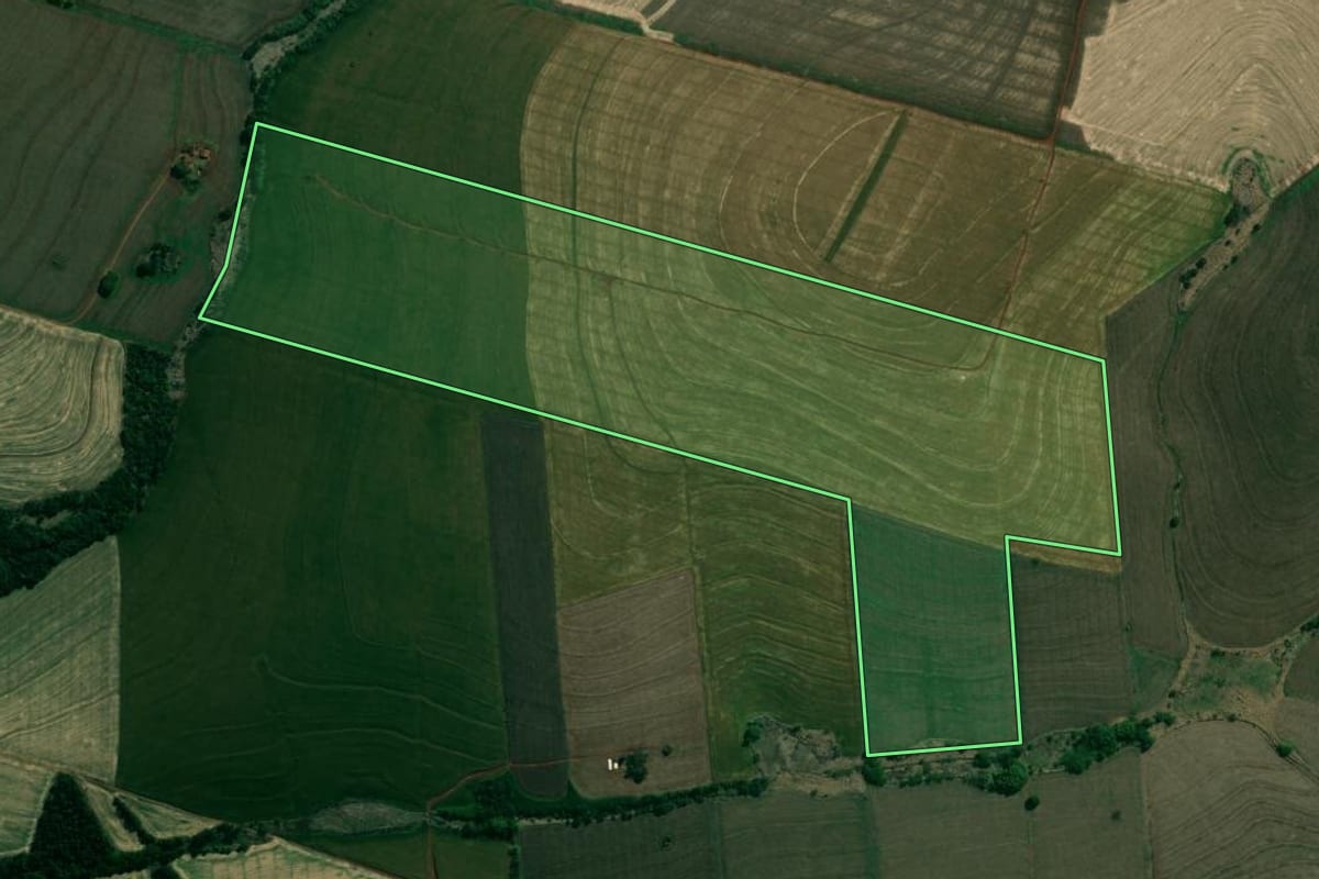 Imagem de satélite do imóvel rural em Sertaneja (PR), com o contorno declarado no CAR desenhado por cima.