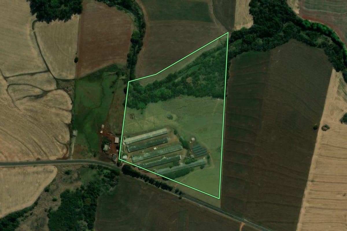 Imagem de satélite do imóvel rural em Sertanópolis (PR), com o contorno declarado no CAR desenhado por cima.