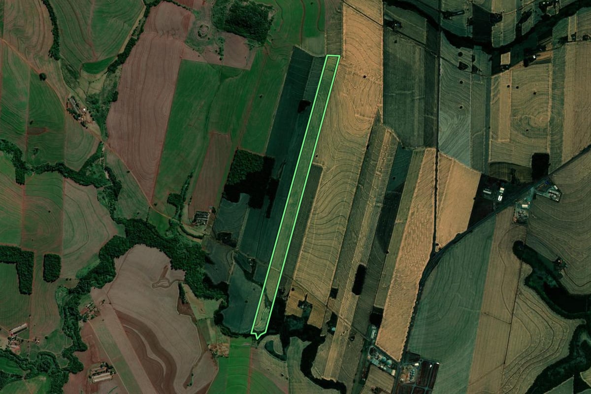 Imagem de satélite do imóvel rural em Sertanópolis (PR), com o contorno declarado no CAR desenhado por cima.