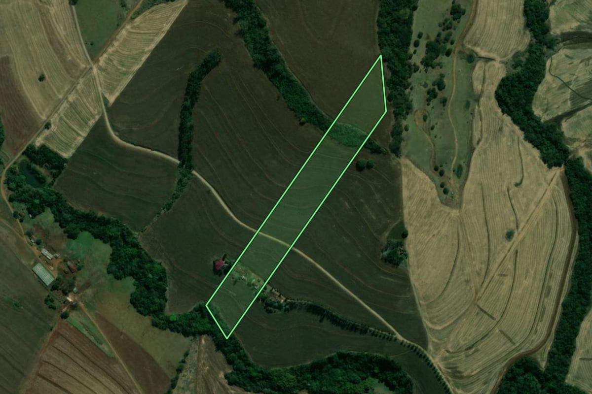 Imagem de satélite do imóvel rural em Sertanópolis (PR), com o contorno declarado no CAR desenhado por cima.