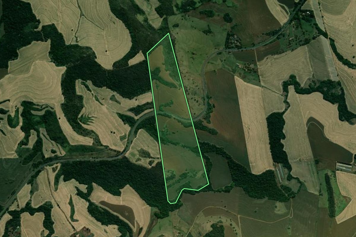 Imagem de satélite do imóvel rural em Sertanópolis (PR), com o contorno declarado no CAR desenhado por cima.