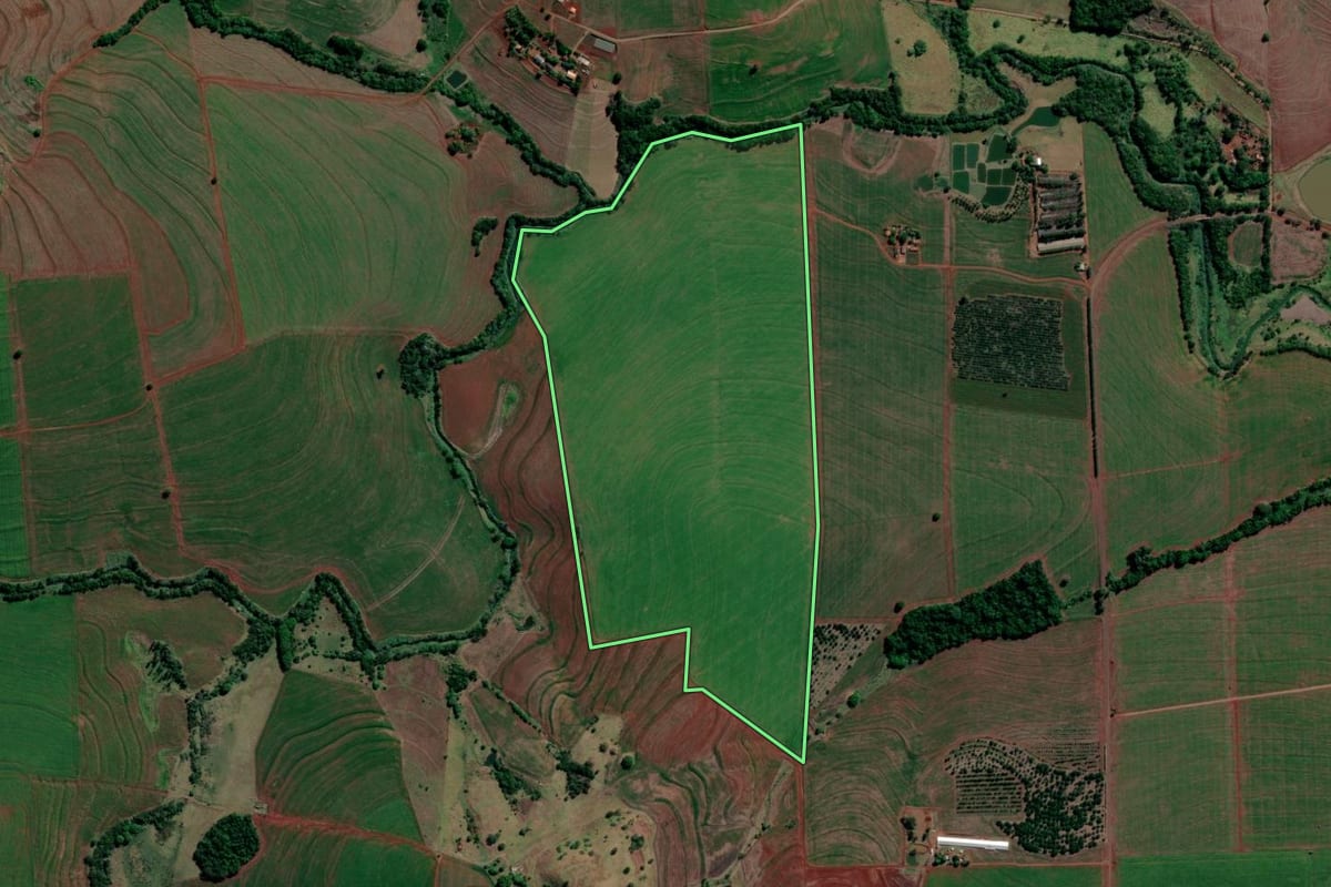 Imagem de satélite do imóvel rural em Sertanópolis (PR), com o contorno declarado no CAR desenhado por cima.