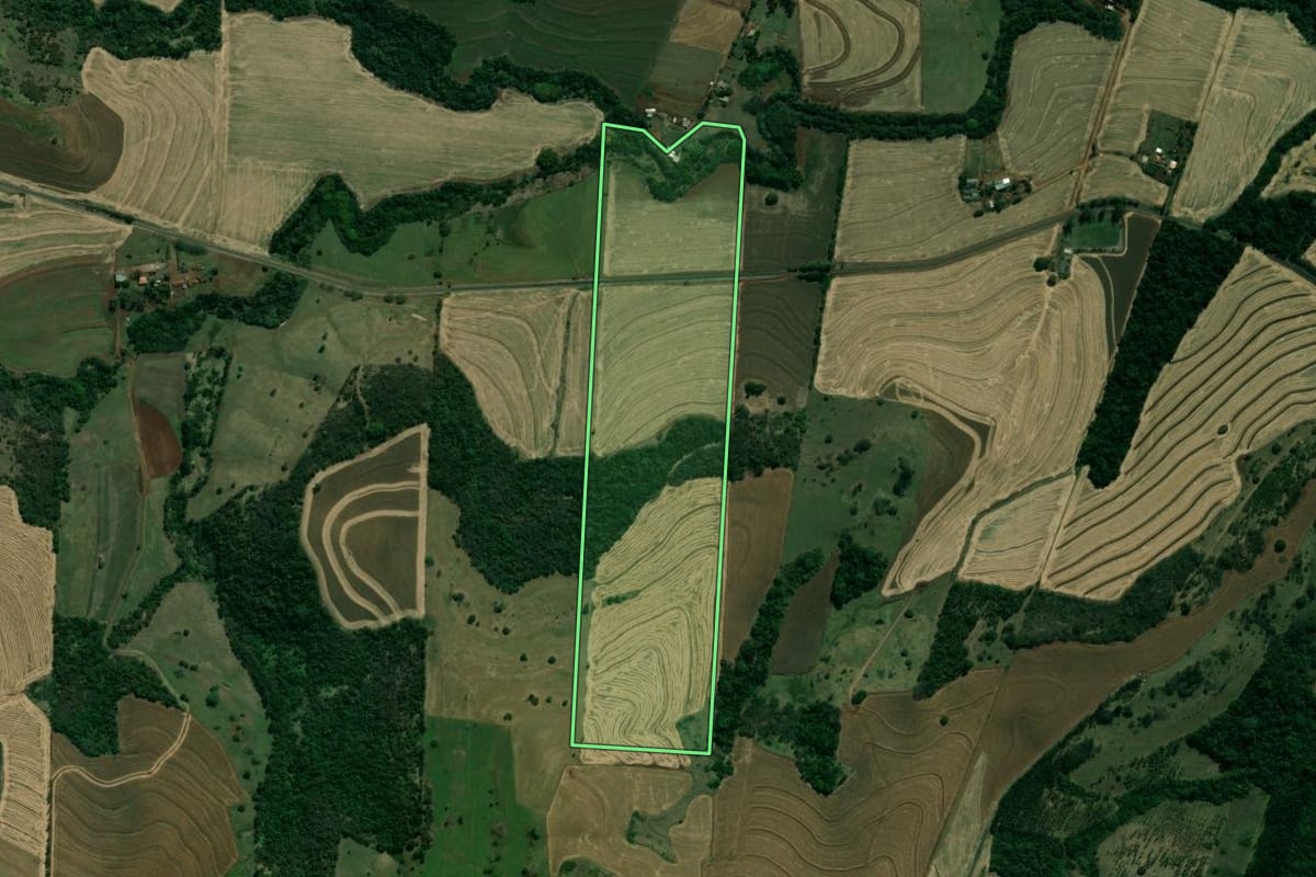 Imagem de satélite do imóvel rural em Sertanópolis (PR), com o contorno declarado no CAR desenhado por cima.