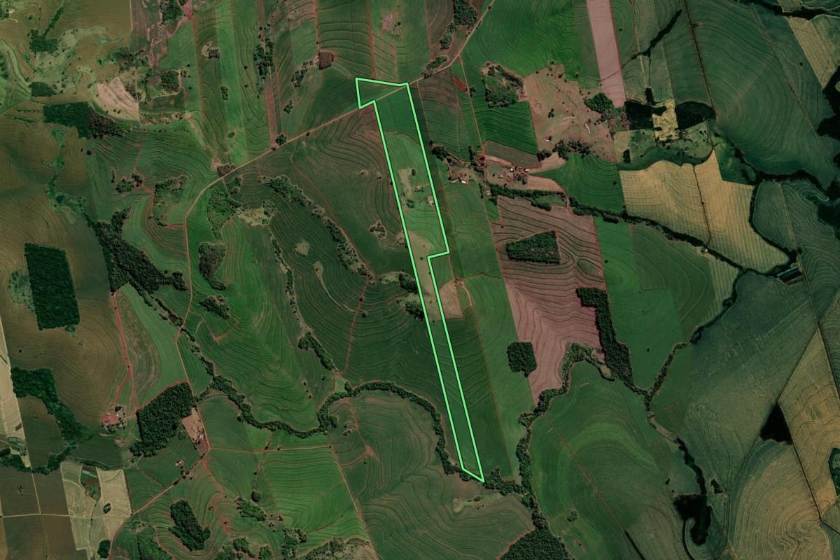 Imagem de satélite do imóvel rural em Sertanópolis (PR), com o contorno declarado no CAR desenhado por cima.