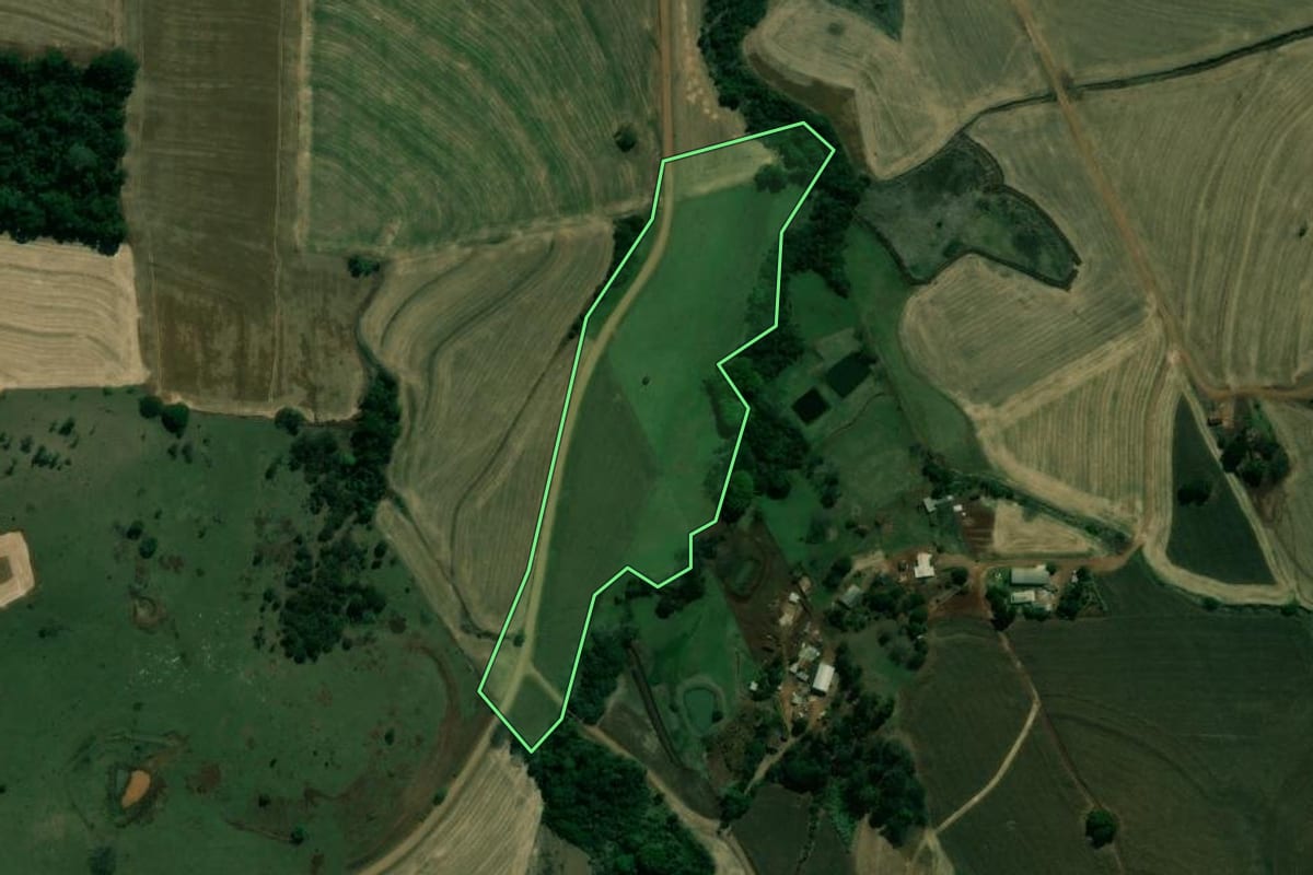 Imagem de satélite do imóvel rural em Sertanópolis (PR), com o contorno declarado no CAR desenhado por cima.