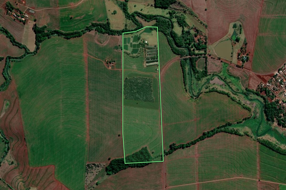 Imagem de satélite do imóvel rural em Sertanópolis (PR), com o contorno declarado no CAR desenhado por cima.