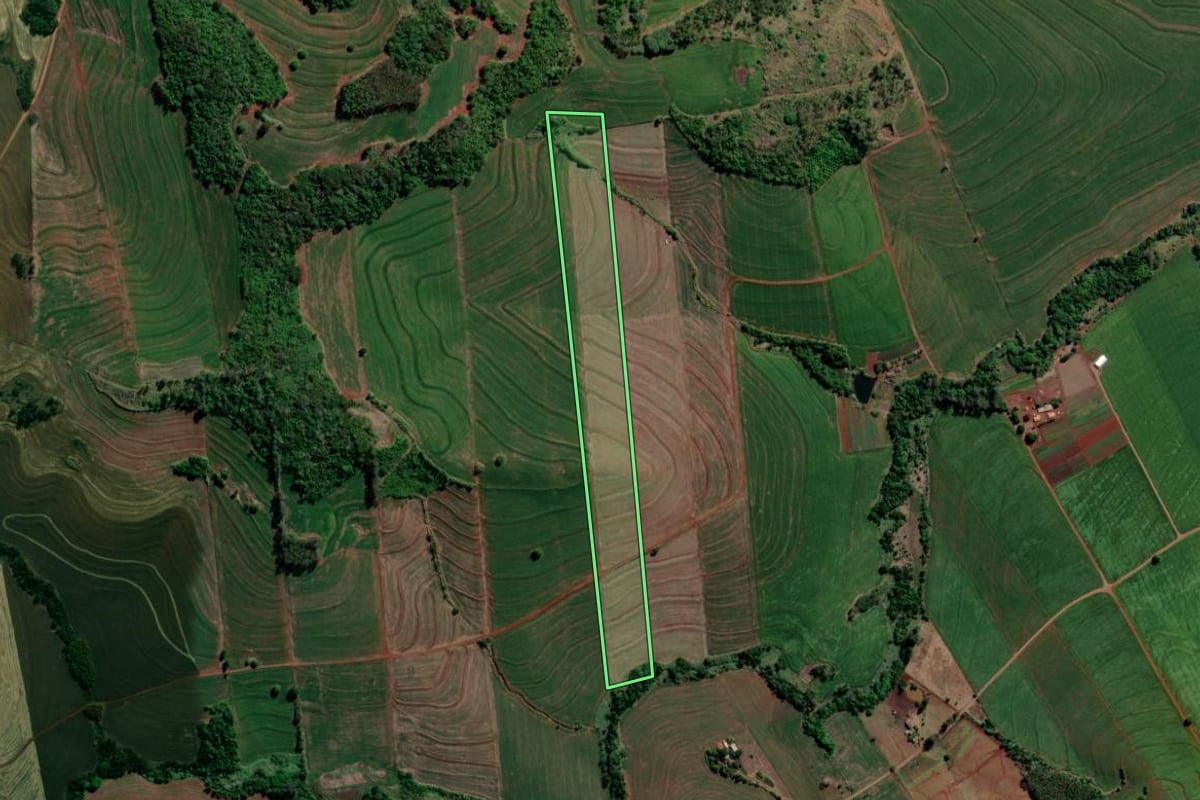 Imagem de satélite do imóvel rural em Sertanópolis (PR), com o contorno declarado no CAR desenhado por cima.