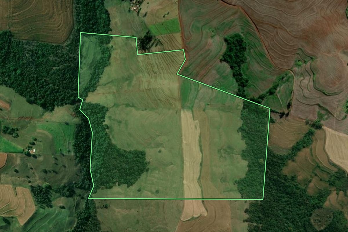 Imagem de satélite do imóvel rural em Sertanópolis (PR), com o contorno declarado no CAR desenhado por cima.
