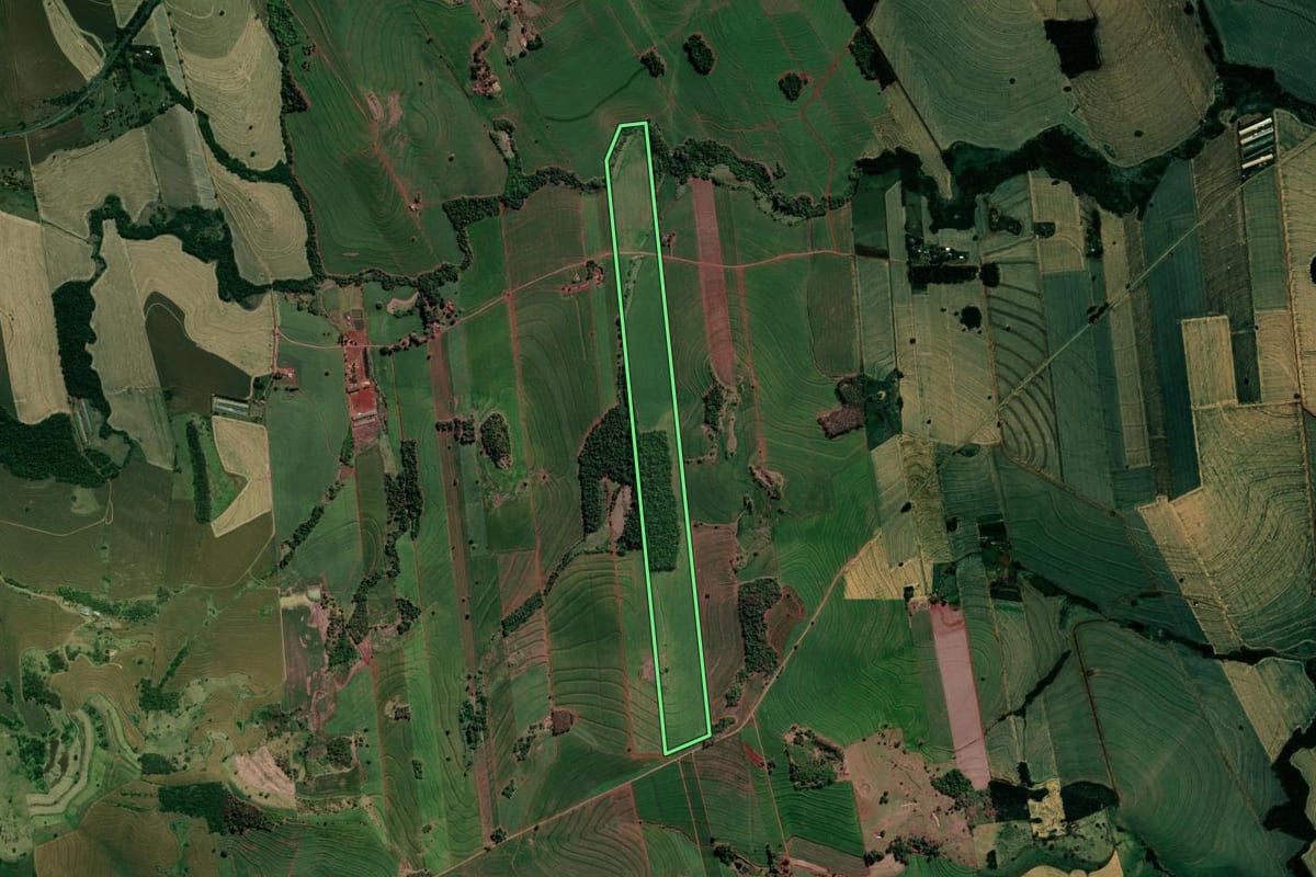 Imagem de satélite do imóvel rural em Sertanópolis (PR), com o contorno declarado no CAR desenhado por cima.