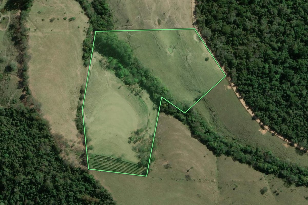 Imagem de satélite do imóvel rural em Siqueira Campos (PR), com o contorno declarado no CAR desenhado por cima.