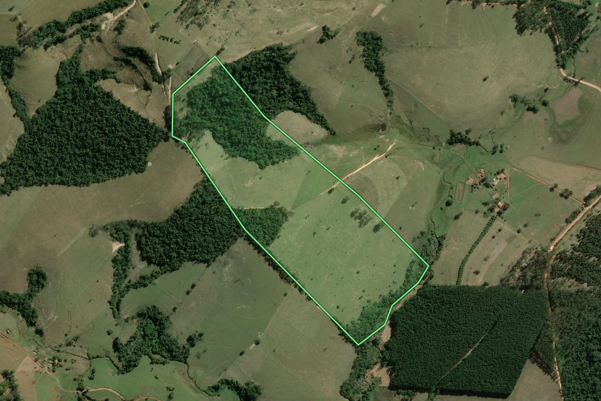 Imagem de satélite do imóvel rural em Siqueira Campos (PR), com o contorno declarado no CAR desenhado por cima.