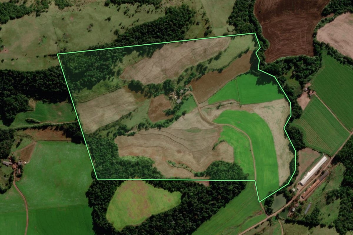 Imagem de satélite do imóvel rural em Sulina (PR), com o contorno declarado no CAR desenhado por cima.
