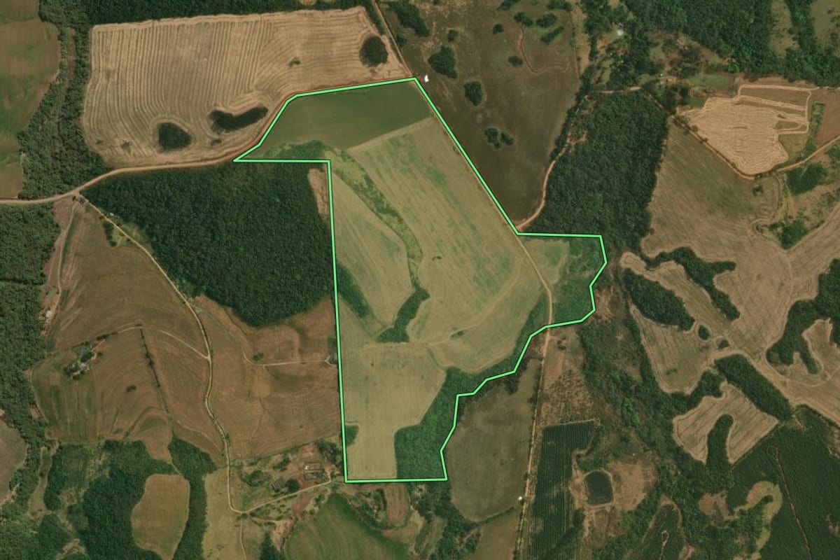 Imagem de satélite do imóvel rural em Tamarana (PR), com o contorno declarado no CAR desenhado por cima.
