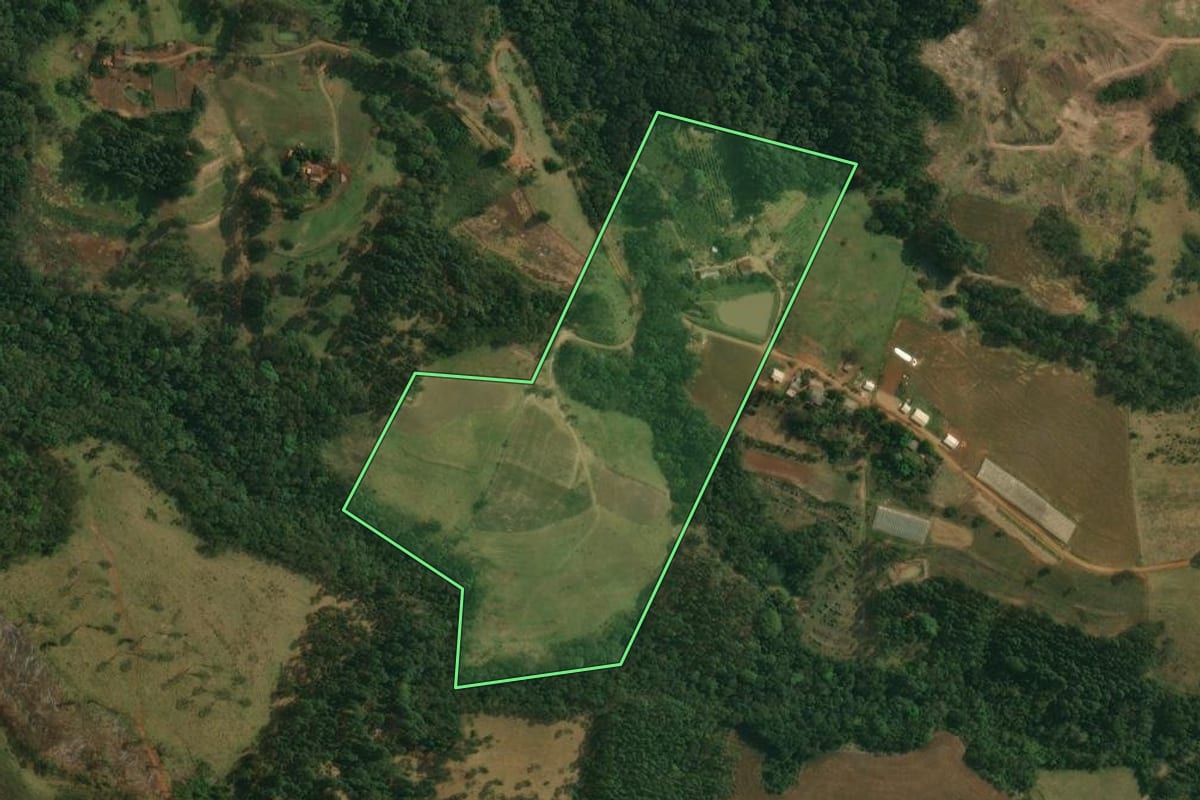 Imagem de satélite do imóvel rural em Tamarana (PR), com o contorno declarado no CAR desenhado por cima.