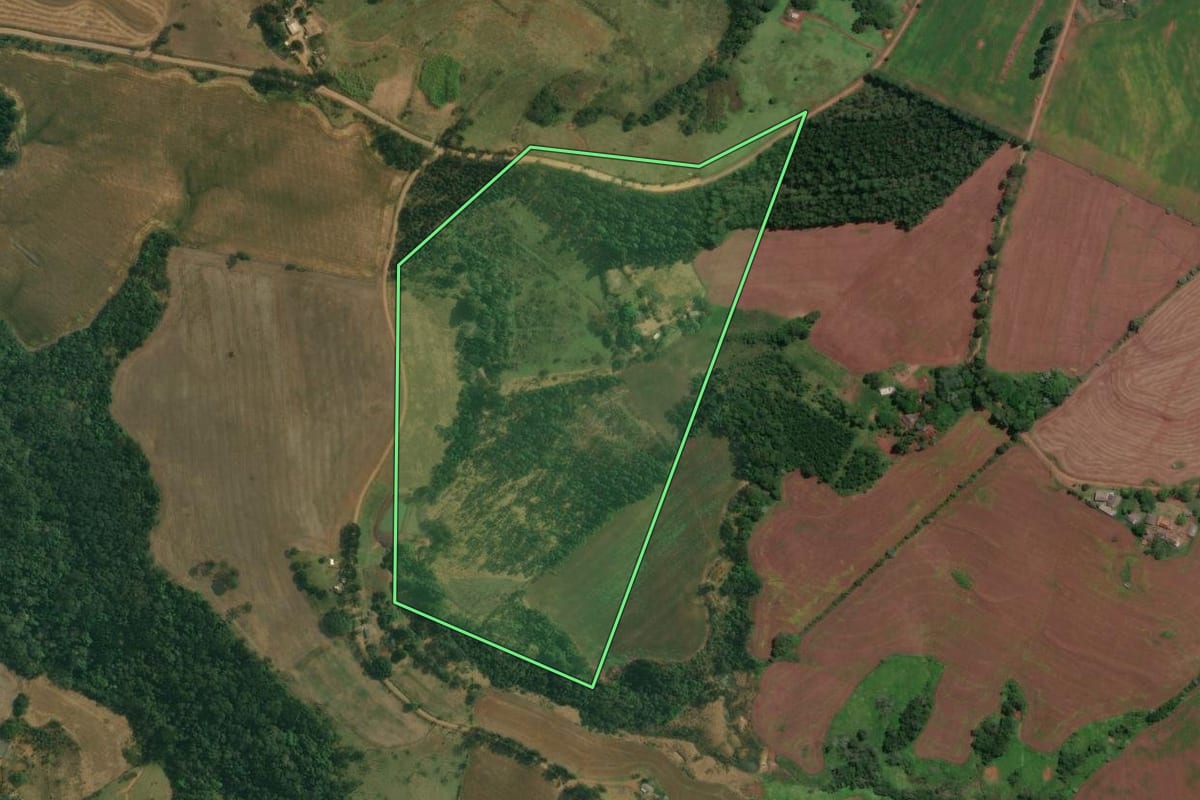 Imagem de satélite do imóvel rural em Tamarana (PR), com o contorno declarado no CAR desenhado por cima.