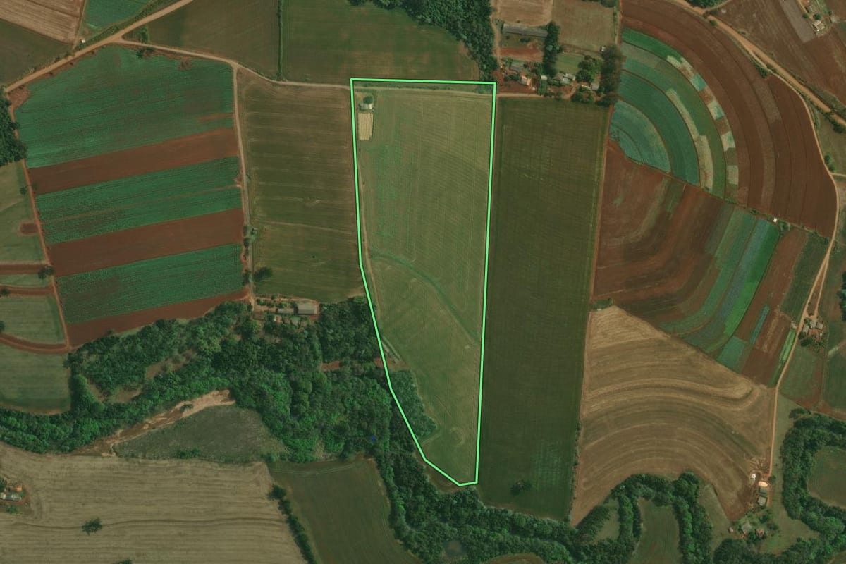 Imagem de satélite do imóvel rural em Tamarana (PR), com o contorno declarado no CAR desenhado por cima.