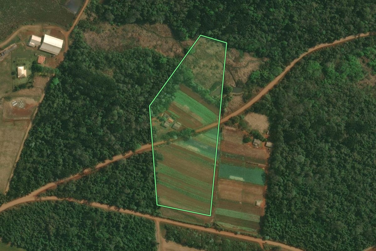 Imagem de satélite do imóvel rural em Tamarana (PR), com o contorno declarado no CAR desenhado por cima.