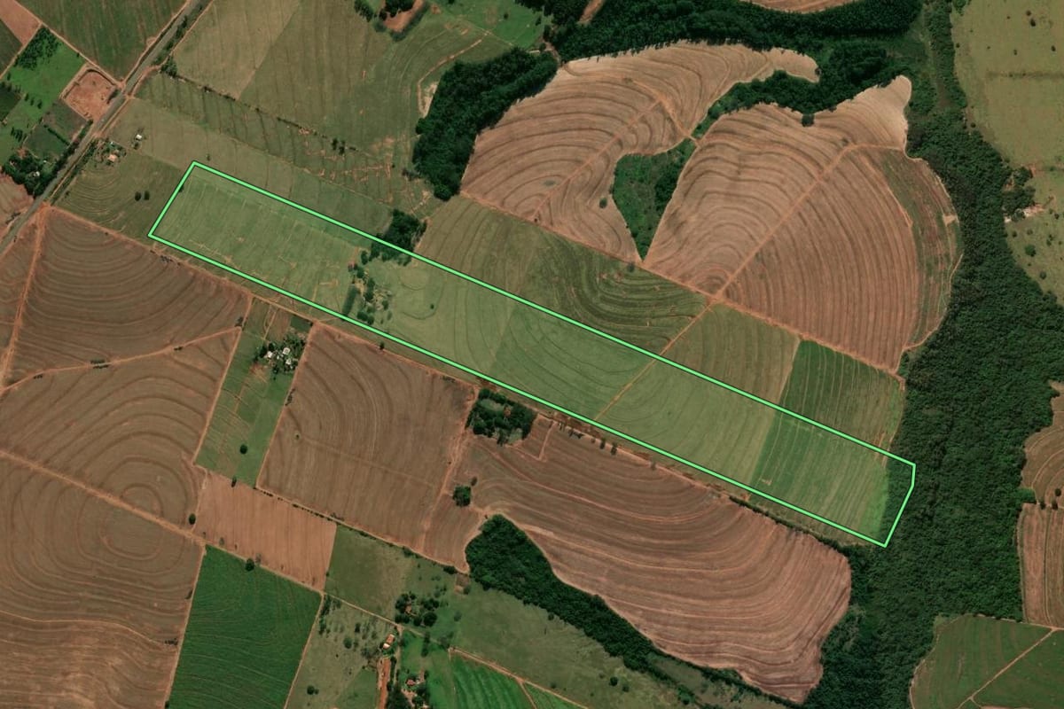 Imagem de satélite do imóvel rural em Tamboara (PR), com o contorno declarado no CAR desenhado por cima.