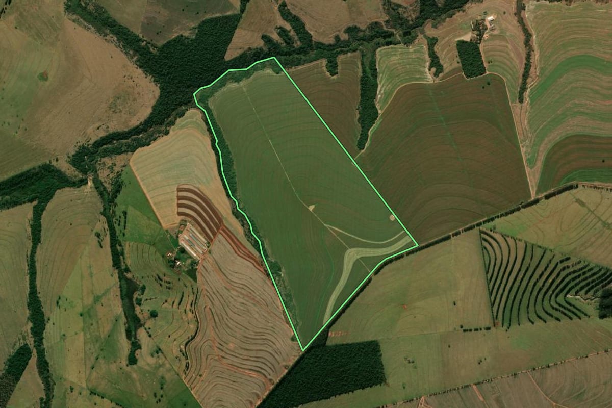 Imagem de satélite do imóvel rural em Tapejara (PR), com o contorno declarado no CAR desenhado por cima.