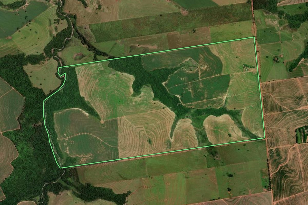 Imagem de satélite do imóvel rural em Tapejara (PR), com o contorno declarado no CAR desenhado por cima.