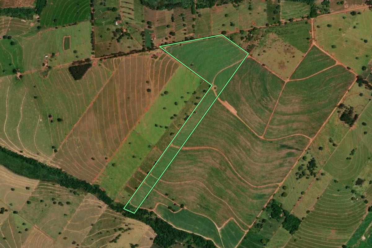 Imagem de satélite do imóvel rural em Tapira (PR), com o contorno declarado no CAR desenhado por cima.