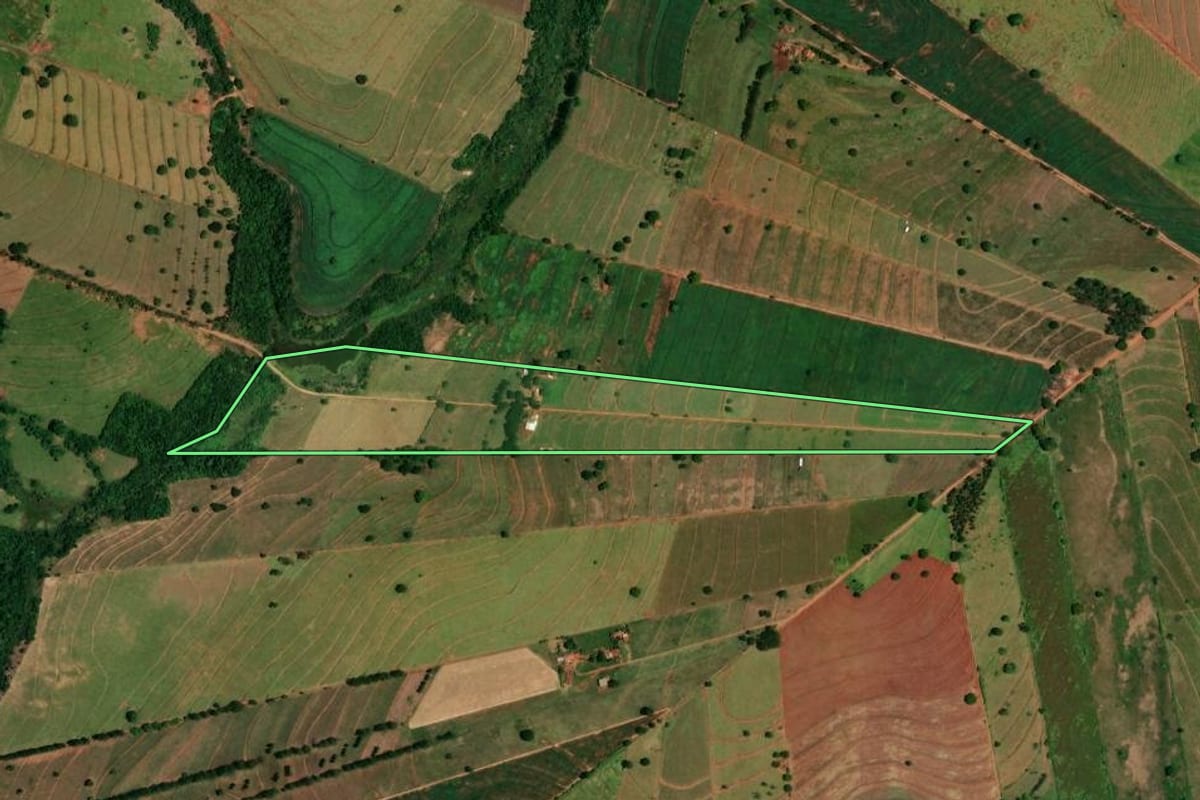 Imagem de satélite do imóvel rural em Tapira (PR), com o contorno declarado no CAR desenhado por cima.