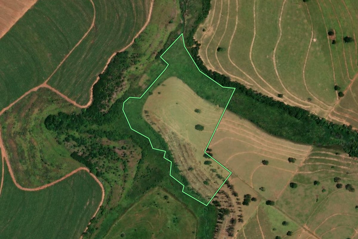 Imagem de satélite do imóvel rural em Tapira (PR), com o contorno declarado no CAR desenhado por cima.