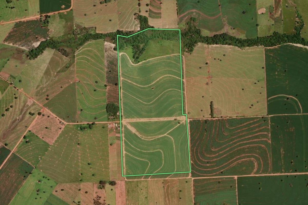 Imagem de satélite do imóvel rural em Tapira (PR), com o contorno declarado no CAR desenhado por cima.