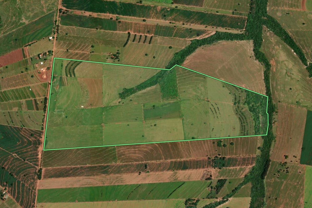 Imagem de satélite do imóvel rural em Tapira (PR), com o contorno declarado no CAR desenhado por cima.