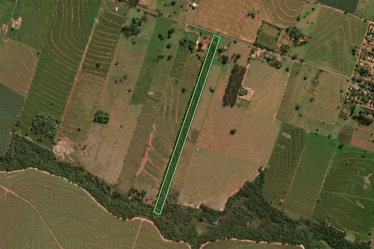 Imagem de satélite do imóvel rural em Tapira (PR), com o contorno declarado no CAR desenhado por cima.