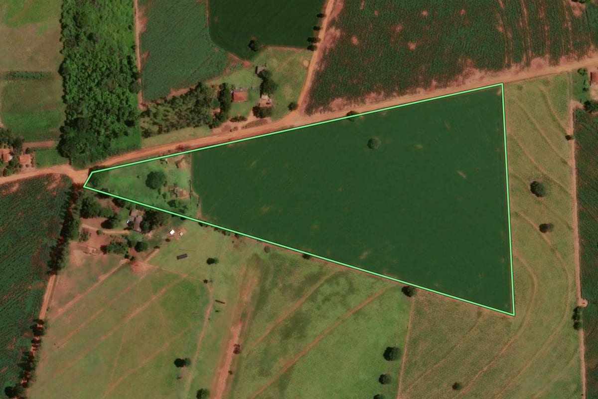 Imagem de satélite do imóvel rural em Tapira (PR), com o contorno declarado no CAR desenhado por cima.