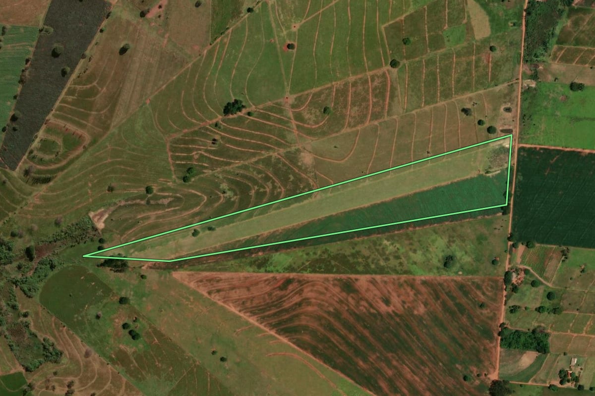 Imagem de satélite do imóvel rural em Tapira (PR), com o contorno declarado no CAR desenhado por cima.