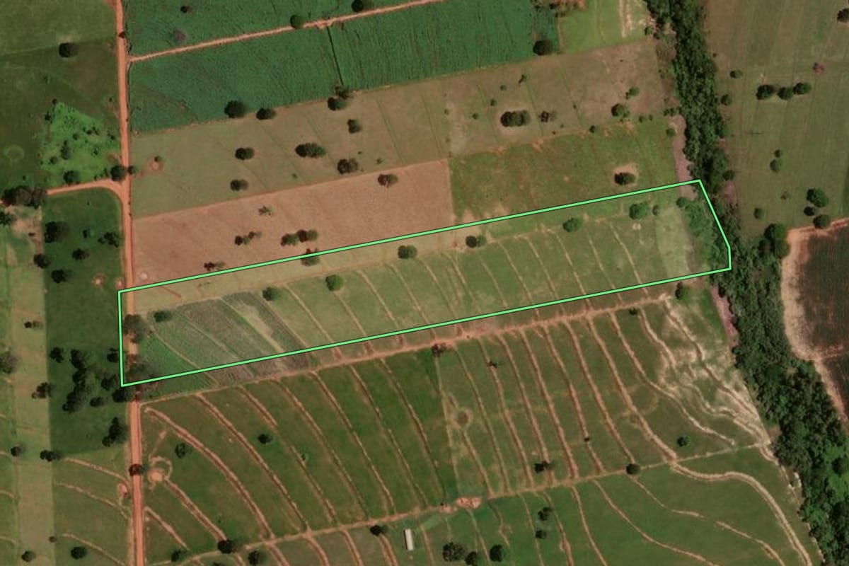Imagem de satélite do imóvel rural em Tapira (PR), com o contorno declarado no CAR desenhado por cima.