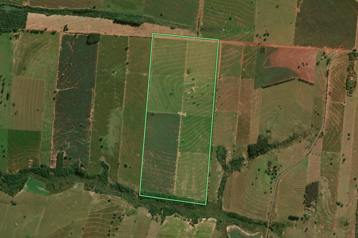 Imagem de satélite do imóvel rural em Tapira (PR), com o contorno declarado no CAR desenhado por cima.
