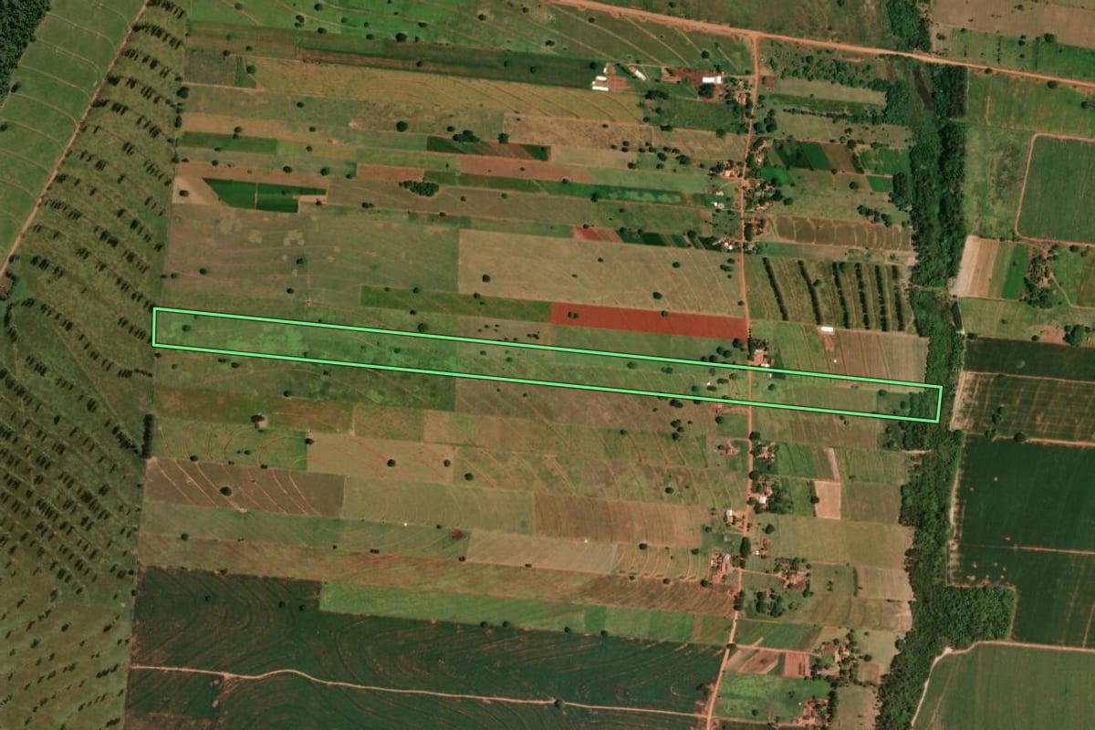 Imagem de satélite do imóvel rural em Tapira (PR), com o contorno declarado no CAR desenhado por cima.
