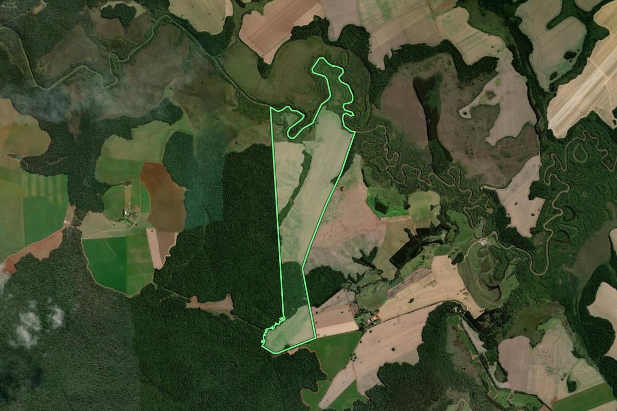 Imagem de satélite do imóvel rural em Teixeira Soares (PR), com o contorno declarado no CAR desenhado por cima.