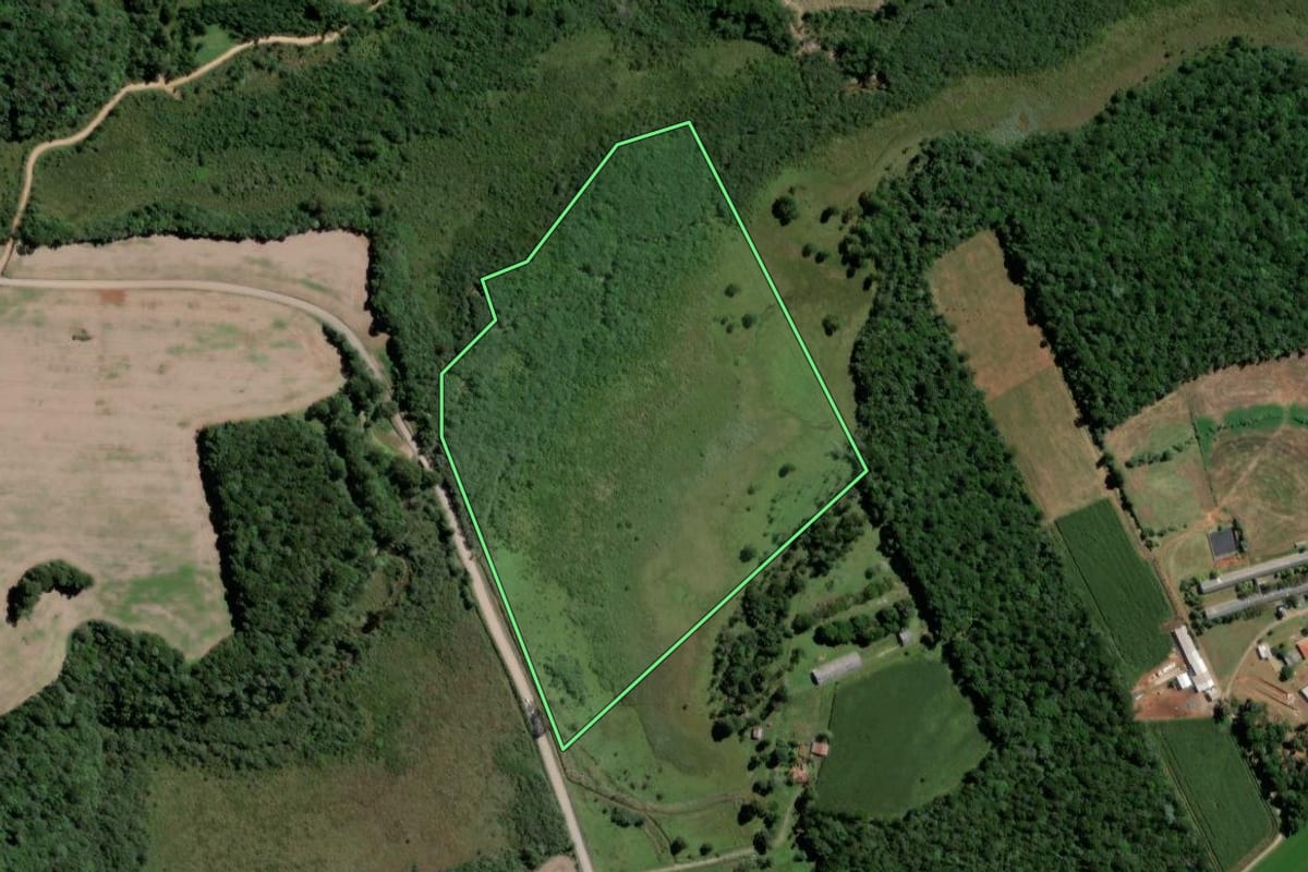 Imagem de satélite do imóvel rural em Teixeira Soares (PR), com o contorno declarado no CAR desenhado por cima.