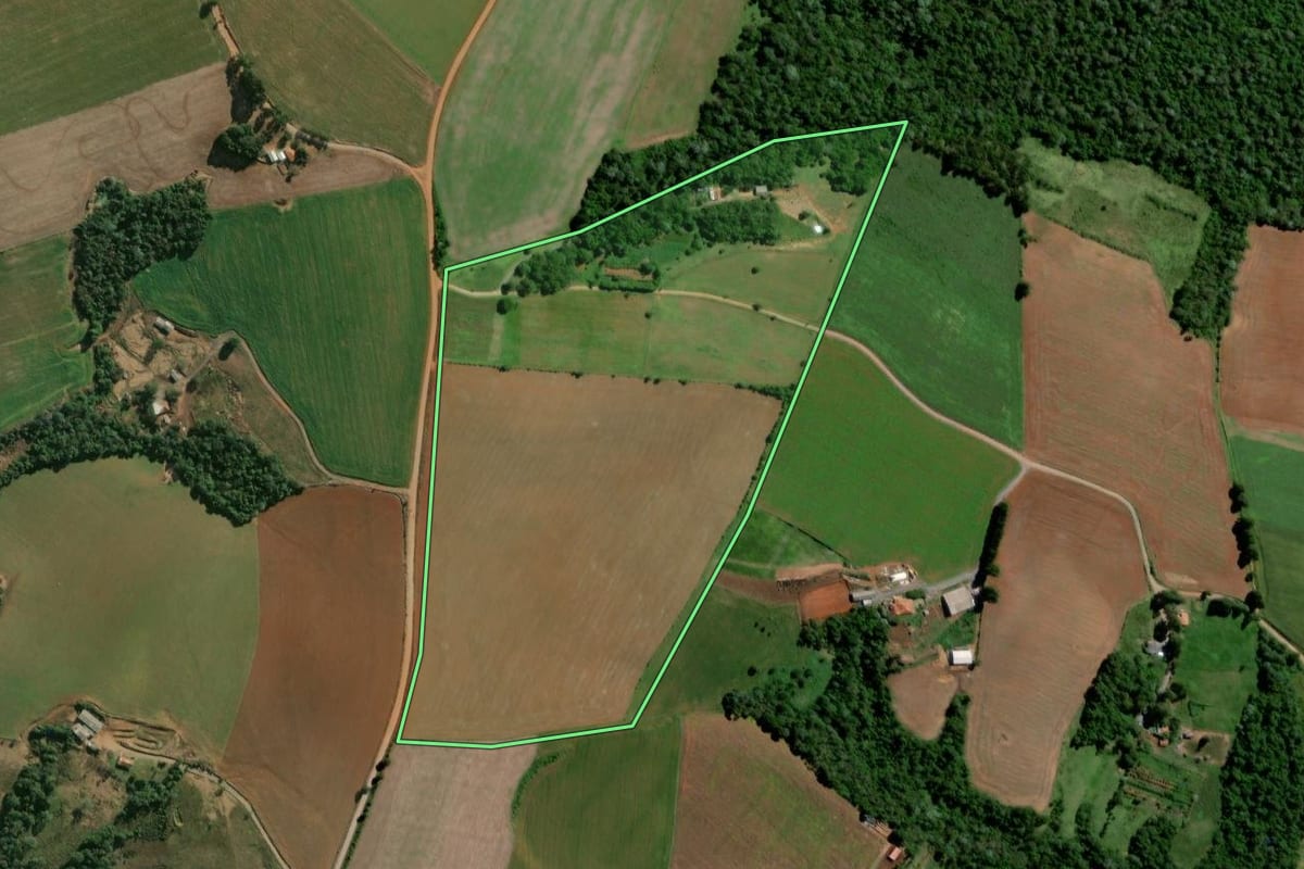 Imagem de satélite do imóvel rural em Teixeira Soares (PR), com o contorno declarado no CAR desenhado por cima.