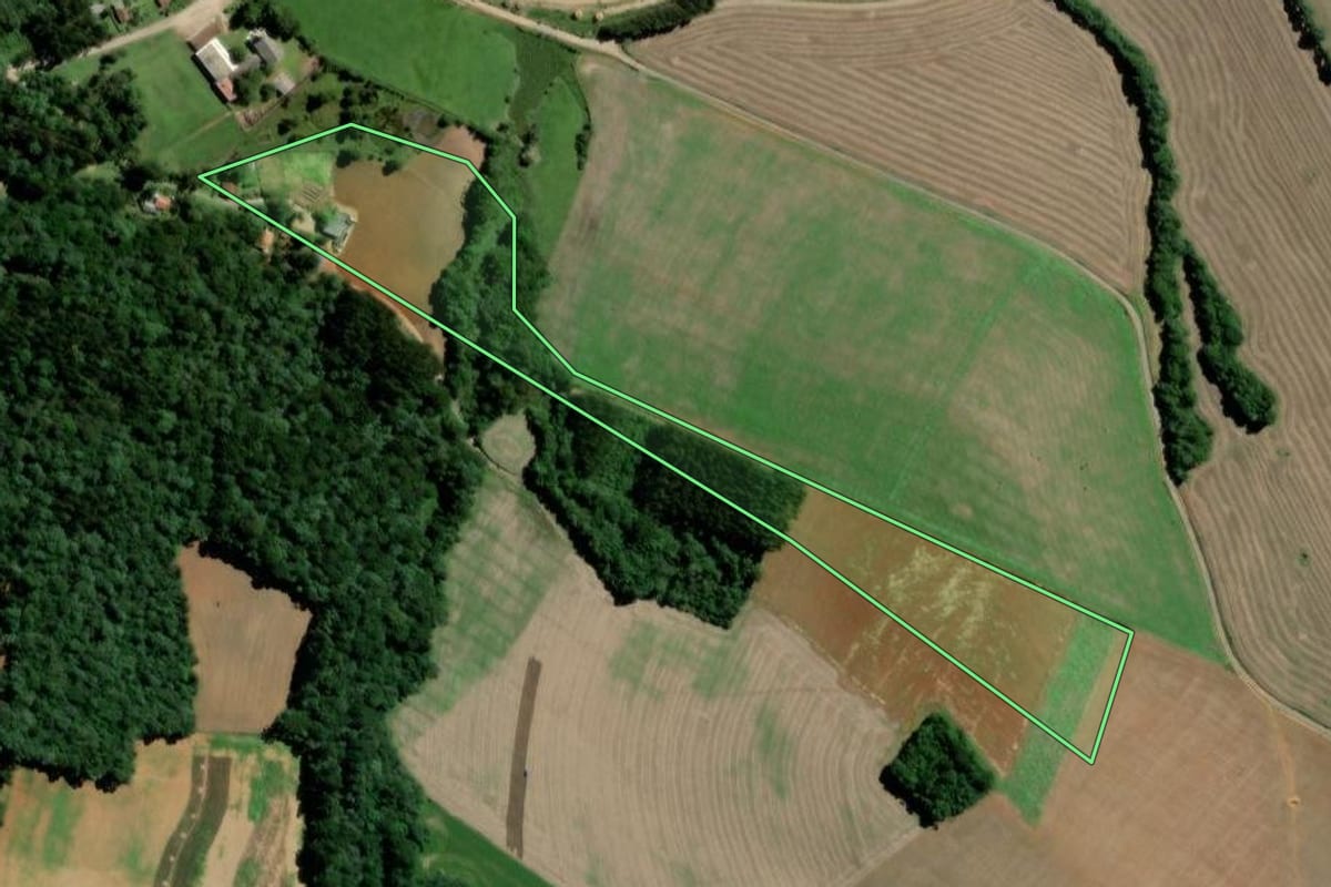 Imagem de satélite do imóvel rural em Teixeira Soares (PR), com o contorno declarado no CAR desenhado por cima.