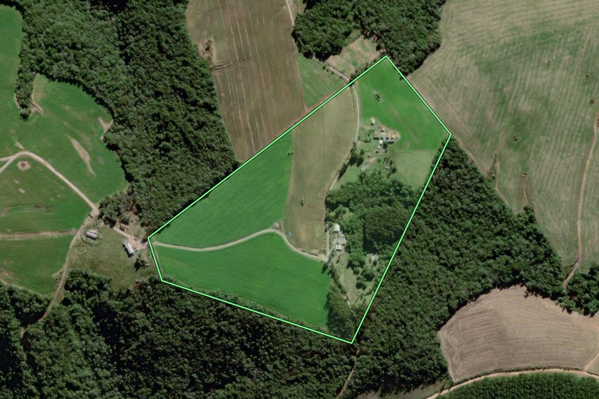Imagem de satélite do imóvel rural em Teixeira Soares (PR), com o contorno declarado no CAR desenhado por cima.