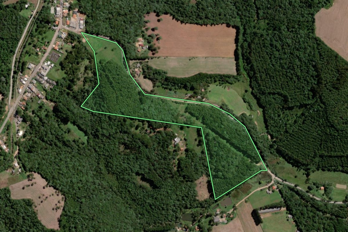 Imagem de satélite do imóvel rural em Teixeira Soares (PR), com o contorno declarado no CAR desenhado por cima.